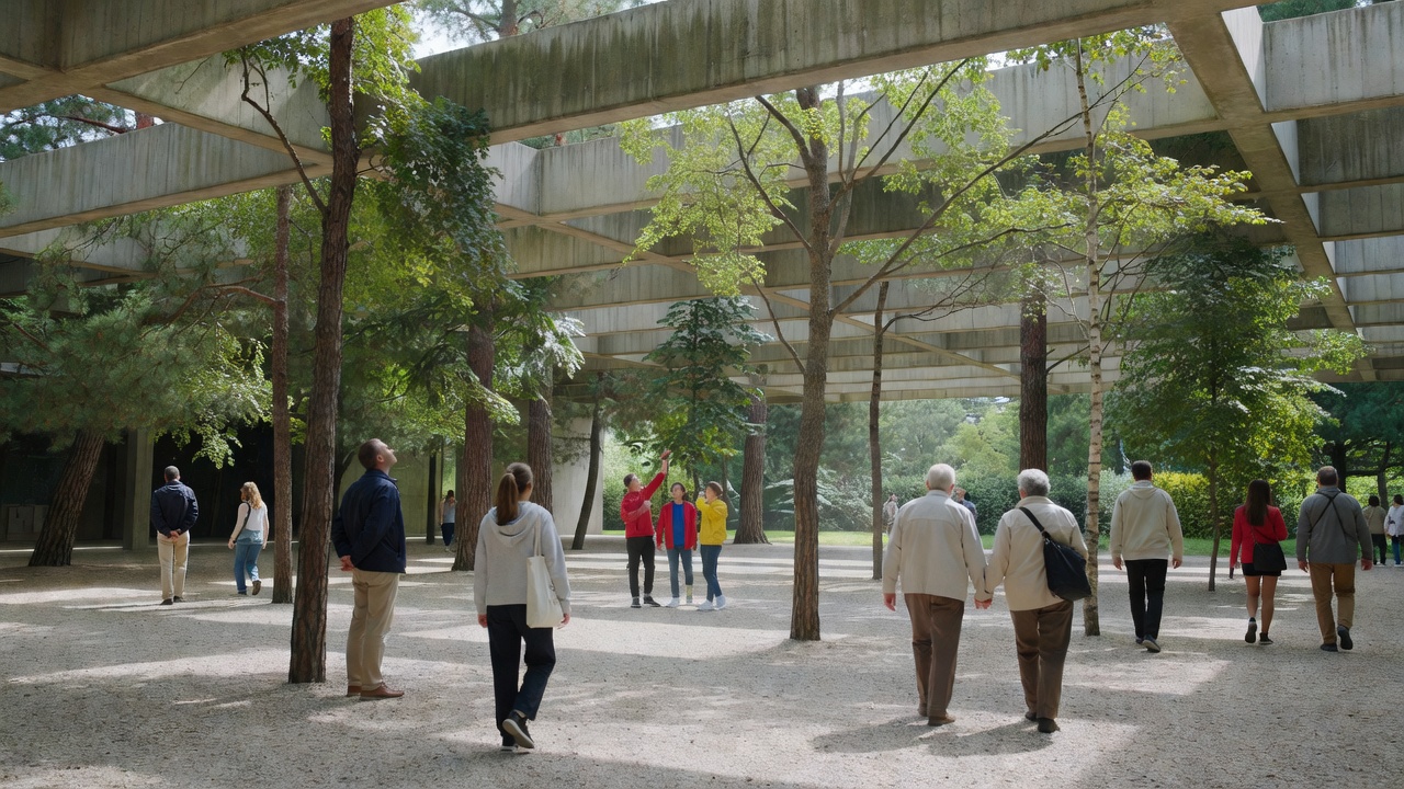 Visitors moving through the Nordic Pavilion beneath concrete roof beams and around mature trees