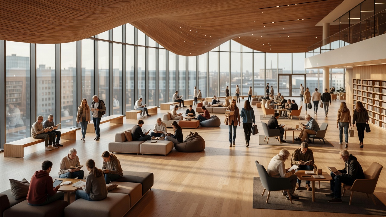 People reading, talking and moving between seating areas on Oodi library's naturally lit upper floor