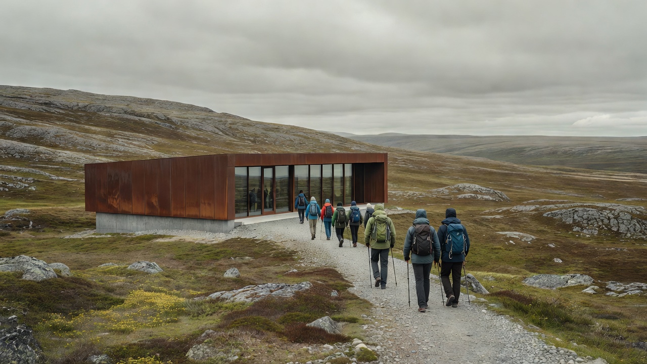Visitors approaching the low Tverrfjellhytta viewing shelter through the open Dovrefjell landscape