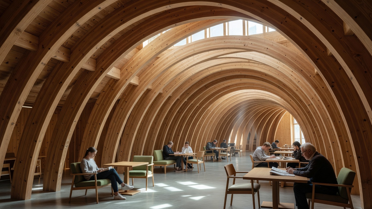 Readers beneath the repeating timber ribs of Vennesla Library, with daylight entering the public interior